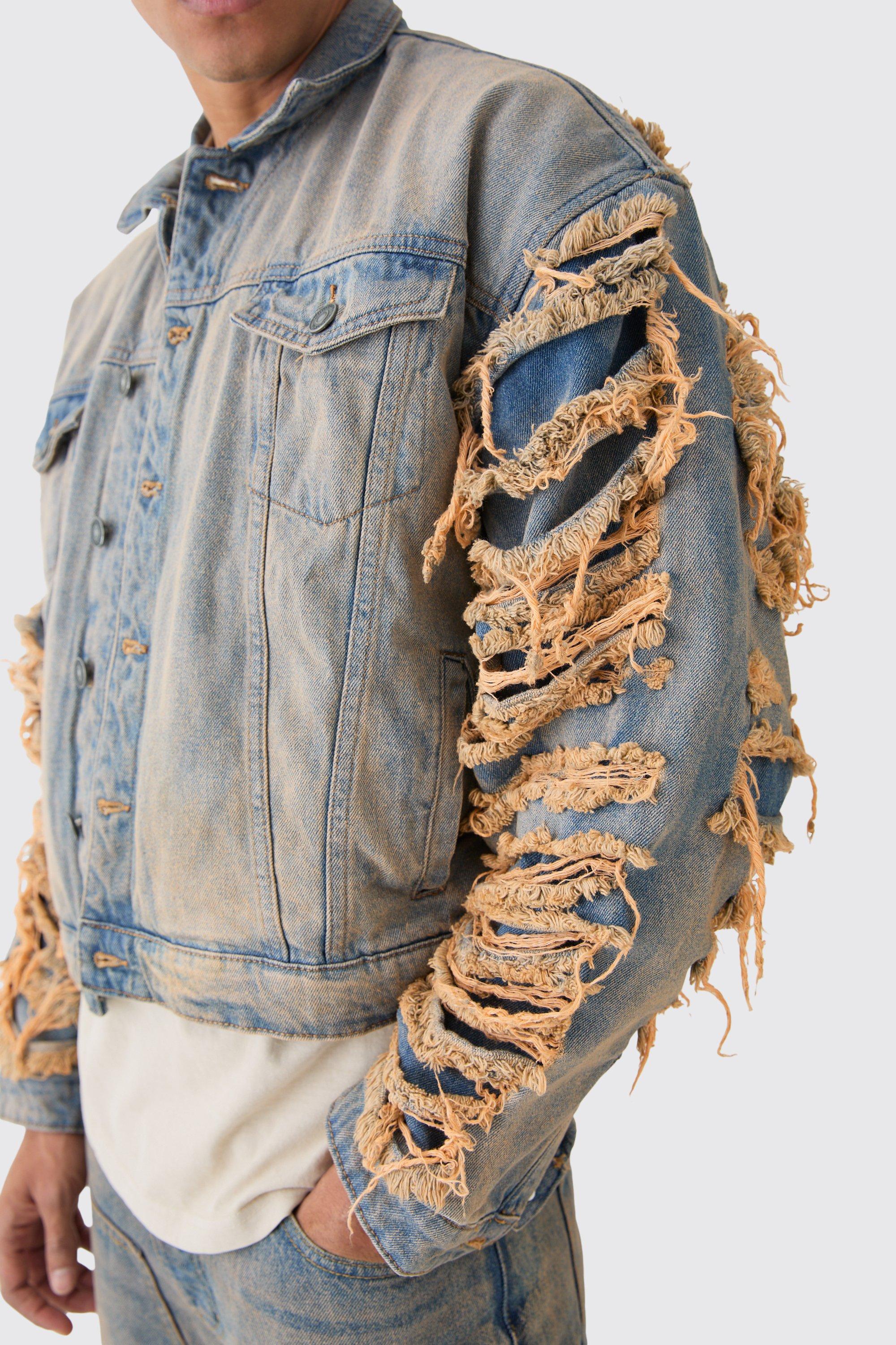 Mid wash extreme hot sale shoulder cropped denim jacket